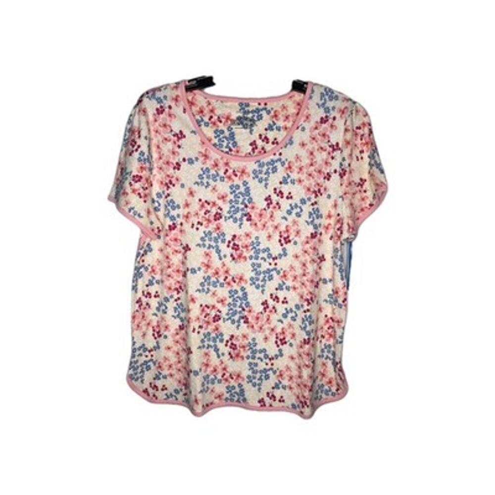 Sleep Sense Womens Pajama Top Med Pink Floral Round Neck Short Sleeve Lounge